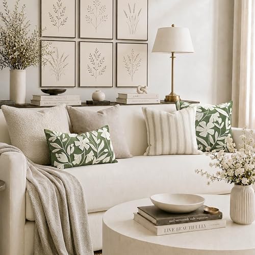 BlissBlush Decorative Lumbar Pillow Cover 12x20 Inch, Olive Green Floral Tufted - Image 6