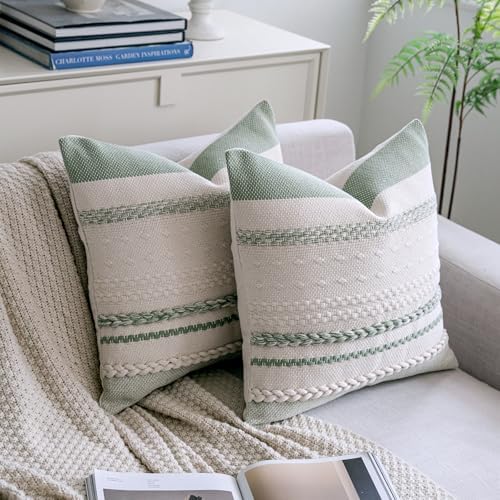 Cethom Boho Throw Pillow Covers 18x18 Inch Set of 2, Sage Green Textured - Image 2