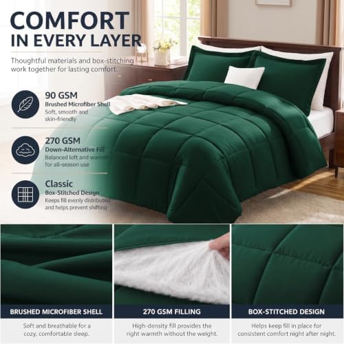 CozyLux King Size Comforter Set, 3-Piece Box-Stitched, Emerald Green - Image 3