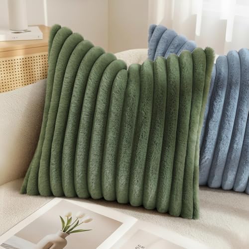 decorUhome Fall Faux Fur Throw Pillow Covers 12x20 Set of 2 Olive Green - Image 6