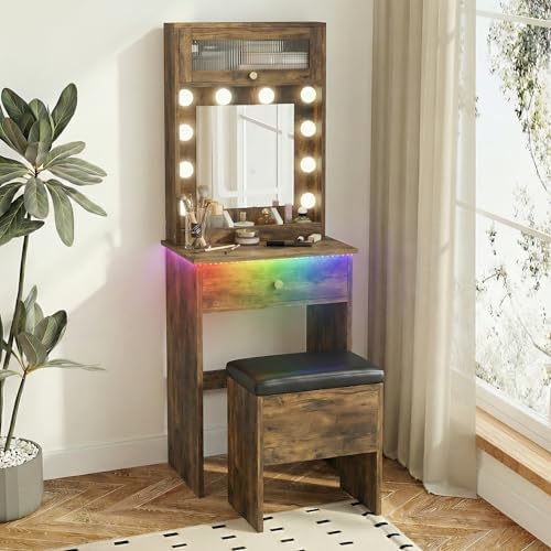 ARTETHYS Small Vanity with Mirror & RGB Light Rustic Makeup Set - Image 5