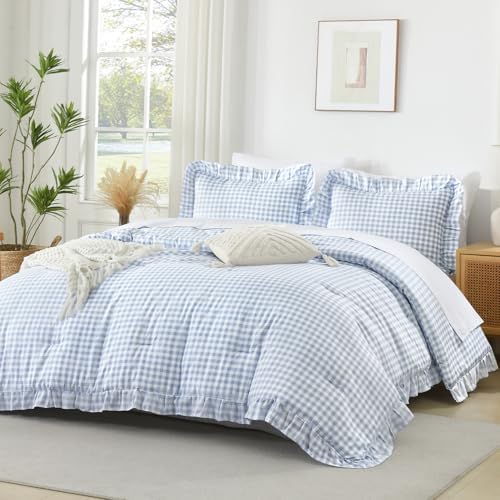 Andency Blue Gingham Ruffle Comforter Queen, 3 Pieces Vintage Bedding - Image 3