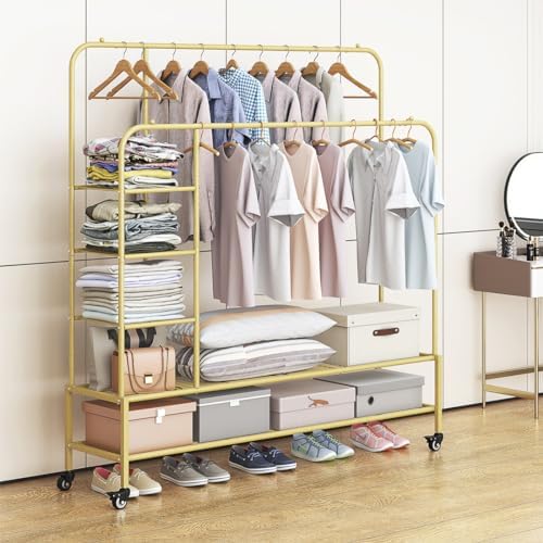 SUOERNUO Clothes Rack with Lockable Wheels Double Rods Metal Garment Racks - Image 4