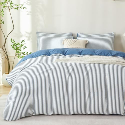 Queen Comforter Set Striped Denim Blue Soft Washed Microfiber Jacquard 3 Pieces - Image 3