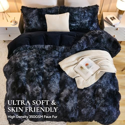 Andency Tie-Dyed Black Blue Queen Comforter Set, Fluffy Faux Fur Bed Set - Image 4