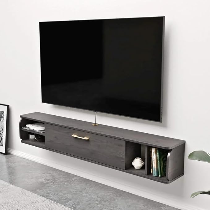 Floating TV Unit, 58'' Wall Mounted TV Cabinet, Floating Shelves with 4 Cabinets, Wooden Entertainment Media Console Center Large Storage TV Bench for Living Room & Office (58IN, Dark Grey)