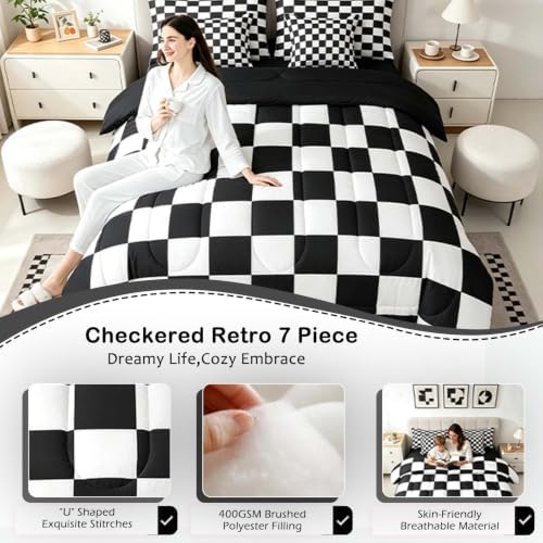 Feelyou Checkered Retro 7 Piece Bedding Set Teen Women Men Black White Plaid - Image 5