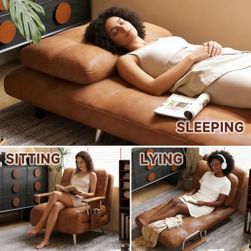 Convertible Faux Leather Sleeper Sofa, 5-Position Adjustable Backrest, - Image 4