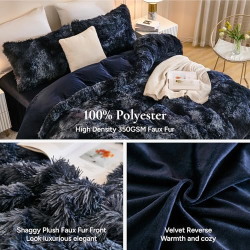 Andency Tie-Dyed Black Blue Queen Comforter Set, Fluffy Faux Fur Bed Set - Image 5