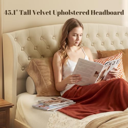 HISOFT Queen Platform Bed Frame, Velvet Upholstered Sleigh Bed - Image 4