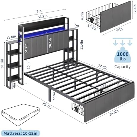 Full Size Upholstered Platform Bed Frame, Storage Headboard, LED Light - Image 2