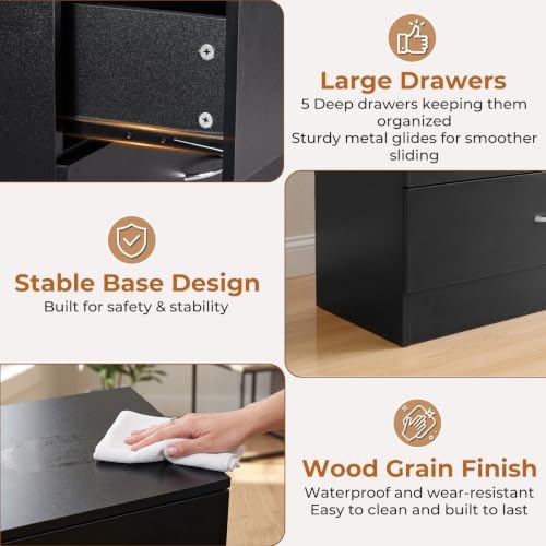 Karl home Black 5 Drawer Dresser, Modern Small Chest of Drawers - Image 6