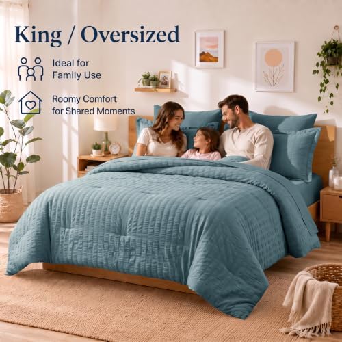 CozyLux King Comforter Set, 7 Pieces Mineral Blue Seersucker Bed in a Bag - Image 6