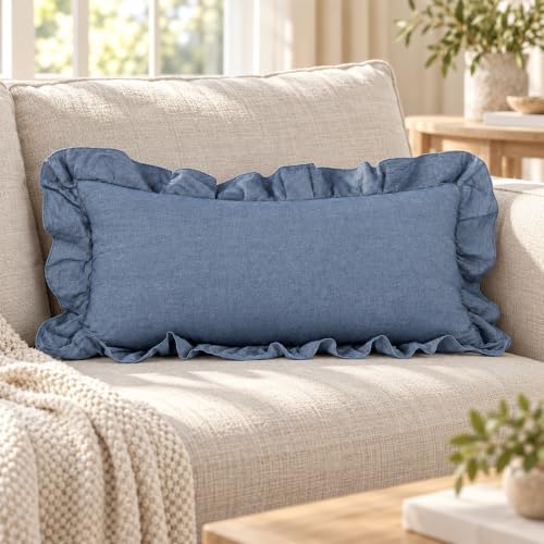 JoraLion Ruffled Lumbar Pillow Cover 14x24 Solid Dusty Blue - Image 7