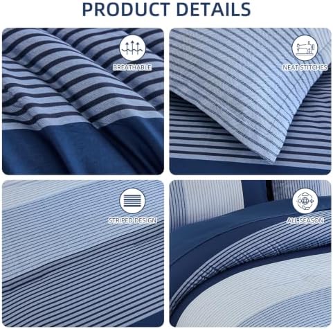 Navy Blue King Size Comforter Set, 7 Pieces Boho Striped Bed in a Bag - Image 5