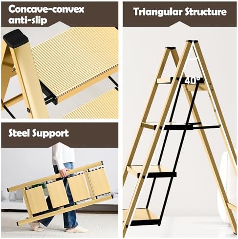 Taranta 4 Step Stool Foldable, Aluminum Step Ladder-Gold - Image 3