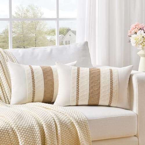 Fancy Homi Set of 1 Boho Neutral Lumbar Decorative Throw Pillow Cover 12x20 Inch - Image 2