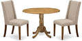 East West Furniture DLFL3-ANA-04 3 Piece Dining Table Set Contains a Round Dining Room Table with Dropleaf and 2 Light Tan Linen Fabric Upholstered Chairs, 42x42 Inch, Natural