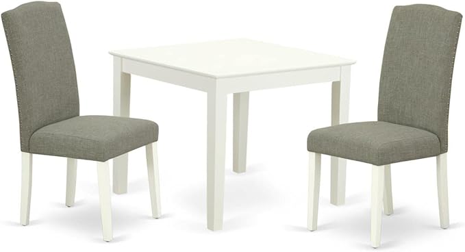 East West Furniture OXEN3-LWH-06 3 Piece Kitchen Table Set for Small Spaces Contains a Square Dining Room Table and 2 Dark Shitake Linen Fabric Upholstered Chairs, 36x36 Inch, Linen White