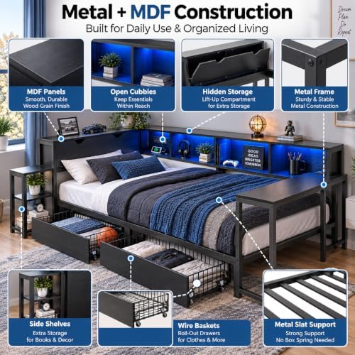 Twin Corner Bed with Desk and Storage, LED Corner Bed Frame Twin - Image 4
