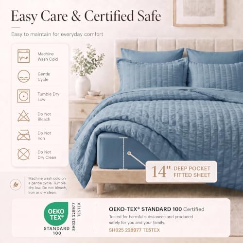 CozyLux Oversized King Comforter Set 120x98 7-Piece Dusty Blue Seersucker - Image 5