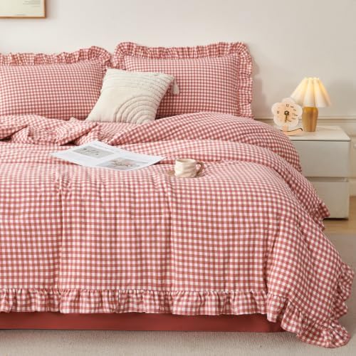 Red Gingham Queen Comforter Sets 5 Pcs Vintage Ruffled Bedding Set by RYNGHIPY