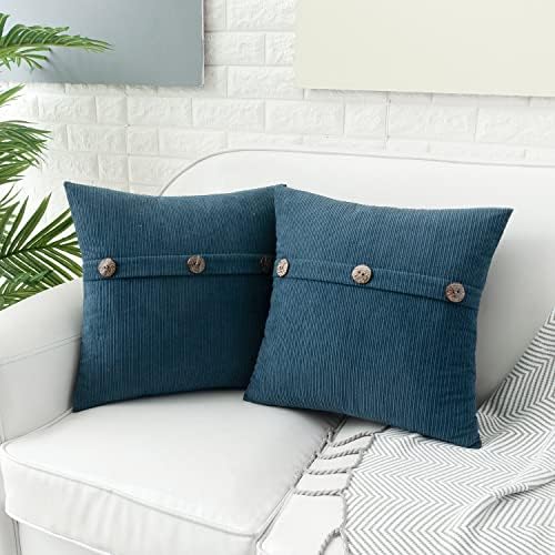 HWY 50 Blue Chenille Throw Pillow Covers 16x16 Inch Buttons Pack of 2 - Image 3