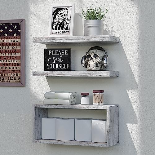 RICHER HOUSE 3-Set Rustic White Floating Shelf, Bathroom Shelf Over Toilet by RicherHouse