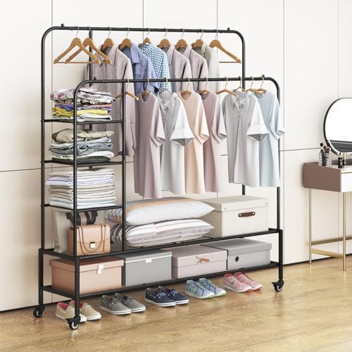 SUOERNUO Clothes Rack with Lockable Wheels Double Rods Metal Garment Racks - Image 4