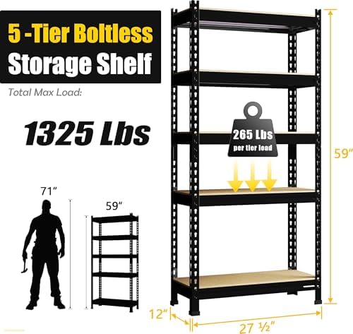 PrimeZone 5-Tier Garage Storage Shelves, Adjustable Metal Shelving - Image 3