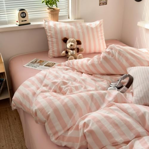 Nayoroom Striped Comforter Set Queen Reversible Pink White Stripe Bedding - Image 4