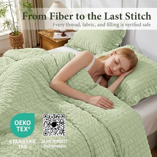 JOLLYVOGUE Sage Green Queen Comforter Set, 3 Pieces Seersucker Comforters Queen - Image 4