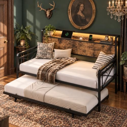 VINGLI Twin Daybed with Pop Up Trundle, USB Charging Port, Industrial Brown - Image 3