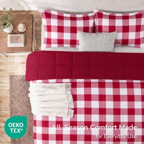 downluxe Queen Comforter Set Soft Reversible 3 Pieces, Plaid Red/White - Image 4