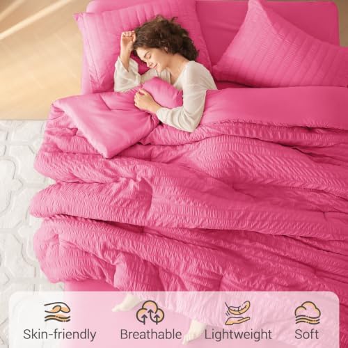 MUXHOMO King Comforter Set 7 Pieces, Seersucker Bed in a Bag, Hot Pink - Image 2