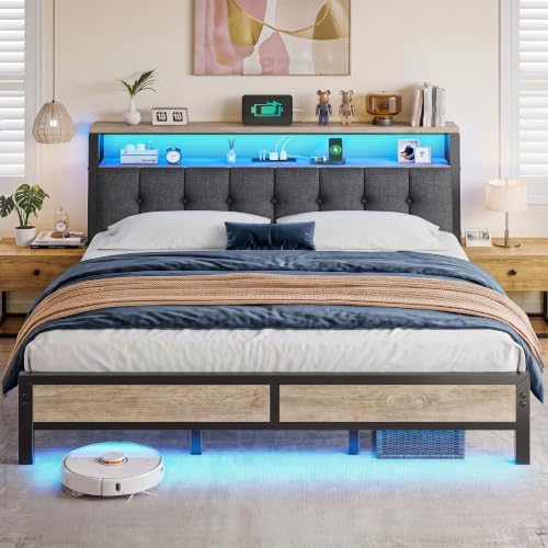 King Bed Frame with Upholstered Headboard & Charging Station by ElevateYourHome%EF%BC%8CEnhanceEver