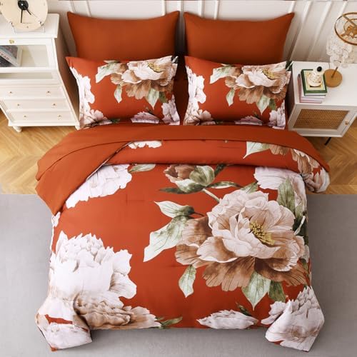 Burnt Orange Comforter Set King Size, 7 Piece Floral Bed in a Bag - Image 3