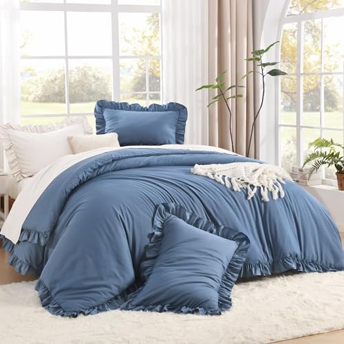 Litanika King Comforter Set, 3 Pieces Ocean Blue Ruffle Bedding Set by Litanika