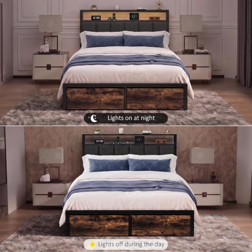 Queen Bed Frame with 2 Drawers and Storage Headboard, Metal Platform with LED - Image 7