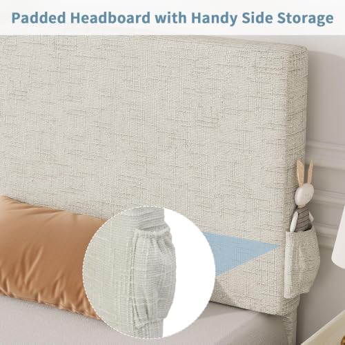 Twin Bed Frame with Chenille Headboard and Side Pockets - Image 5