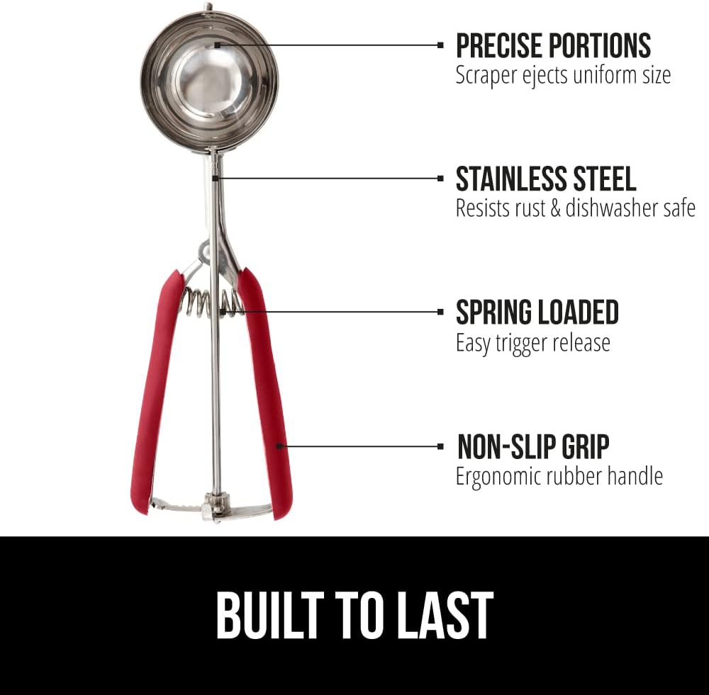 GORILLA GRIP Stainless Steel Cookie Scoop for Baking, 1 TBSP, Multipurpose Melon Baller, Meatball Spring Scoops, Perfect Portion Sizes, Easy Food Release, Scooper Size 60, BPA-Free Kitchen Tool, Red