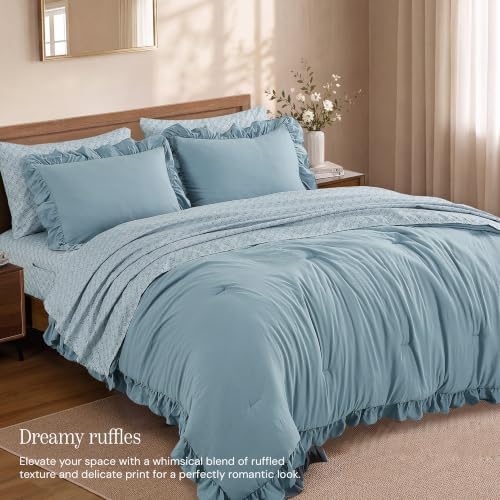BLOOMHAVEN King Size Comforter Set-7 Pieces Ruffle Bedding Floral Sheet - Image 2