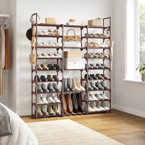 WOWLIVE 9 Tier 3-Column Shoe Rack, 50-55 Pairs Stackable Brown - Image 4