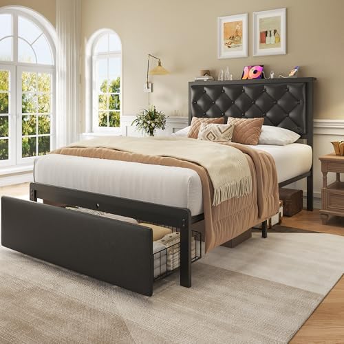 Twin Bed Frame with Storage Drawer, Upholstered Headboard Button Tufted Bed - Image 7