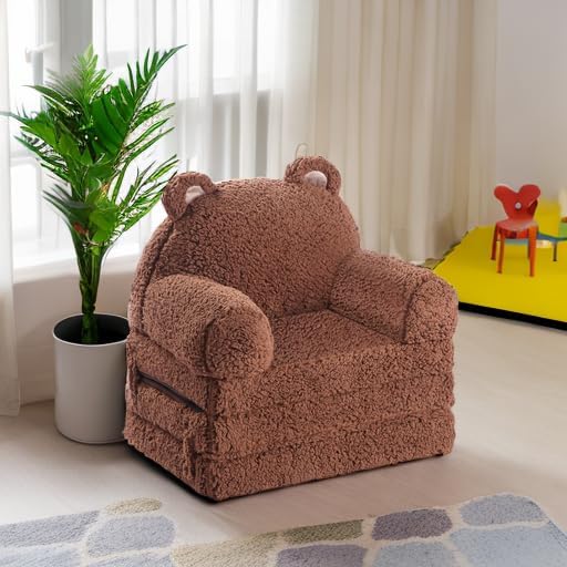 Foldable Kids Sofa, Sherpa Teddy Bear Toddler Couch with Tri Folding Foam Cushions, Comfy Couch for Kids Age 18 Months and Up