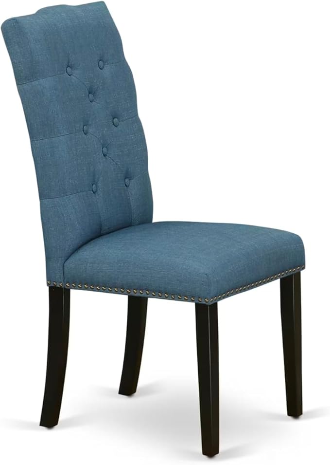 East West Furniture V677EL121-6 6 Piece Modern Dining Table Set Contains a Rectangle Wooden Table with V-Legs and 4 Blue Linen Fabric Parson Chairs with a Bench, 40x72 Inch, Multi-Color