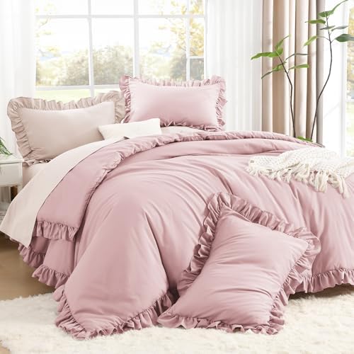 Litanika Queen Comforter Set, 3 Pieces Grayish Pink Ruffle Bedding Set by Litanika
