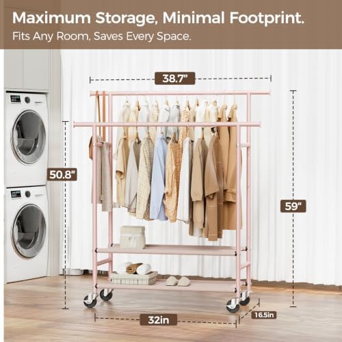 HYSEYY Clothes Rack, Double Rods Rolling Clothing Rack - Image 5