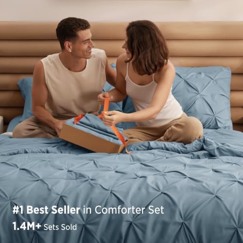 Bedsure 7-Piece California King Comforter Set & Sheets, Dusty Blue Bedding - Image 2