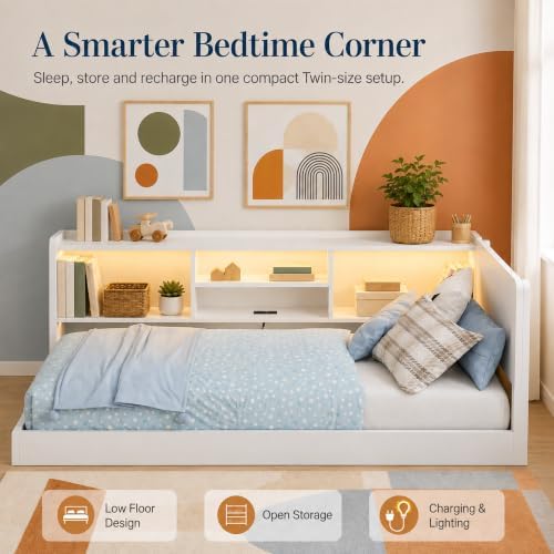 Twin Floor Bed with Storage, L-Shaped Corner Bed, Charging & LED - Image 3